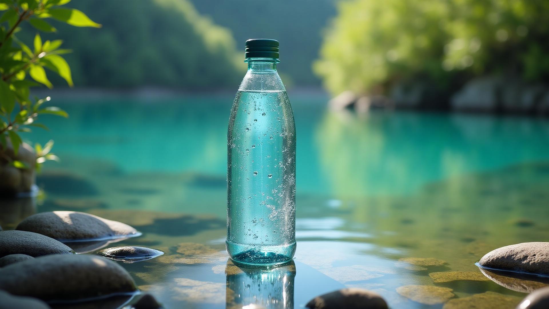 Premium bottled water with natural mountain spring background